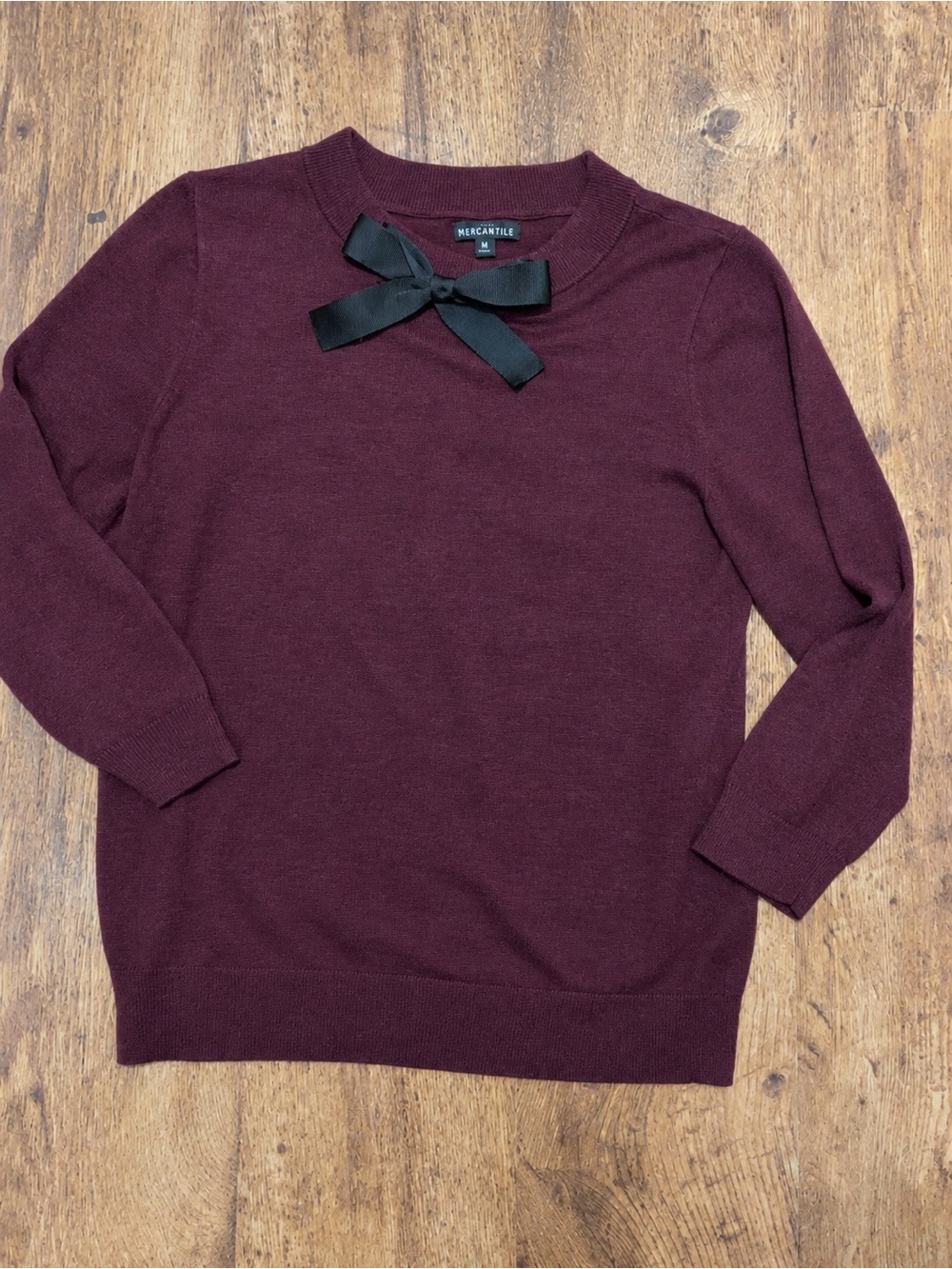 J. Crew Wine Burgundy Crewneck Sweater with Black Ribbon Bow